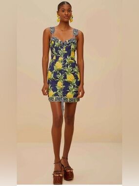 Farm Rio Delicate Pineapple Navy Blue Sleeveless Lacing Minidress XS